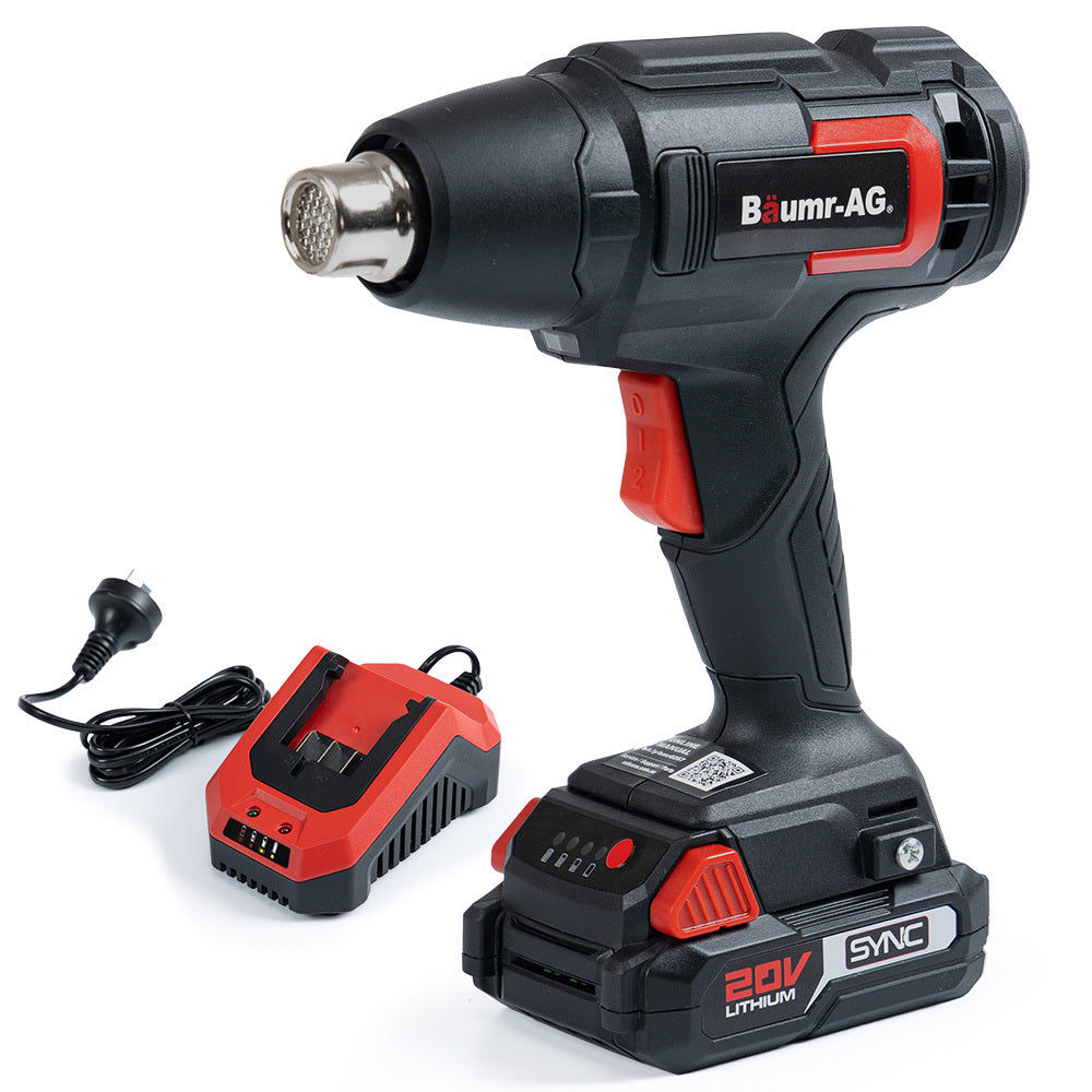 A BAUMR-AG HG3 20V SYNC Cordless Power Heat Gun, with Battery and Fast Charger Kit is depicted in black and red, alongside its battery pack, charger, and power cable. This versatile tool is perfect for various heat-related tasks and prominently displays the brand name and specifications.