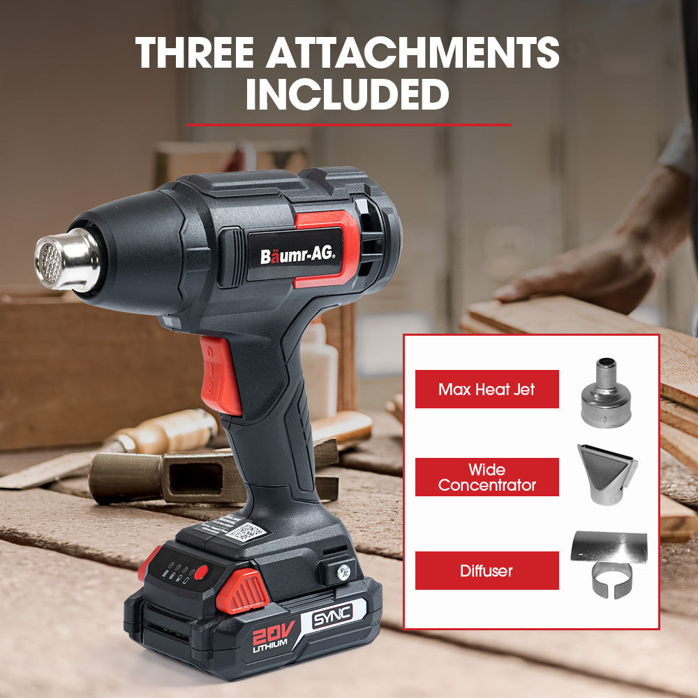 A BAUMR-AG HG3 20V SYNC Cordless Power Heat Gun, with Battery and Fast Charger Kit is depicted in black and red, alongside its battery pack, charger, and power cable. This versatile tool is perfect for various heat-related tasks and prominently displays the brand name and specifications.