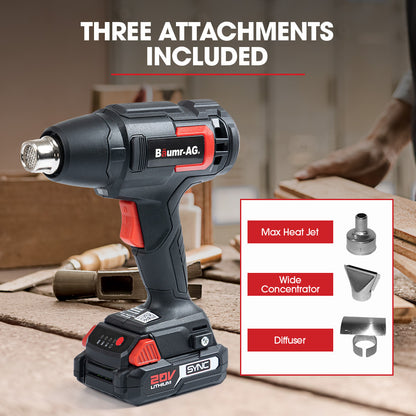 A BAUMR-AG HG3 20V SYNC Cordless Power Heat Gun, with Battery and Fast Charger Kit is depicted in black and red, alongside its battery pack, charger, and power cable. This versatile tool is perfect for various heat-related tasks and prominently displays the brand name and specifications.