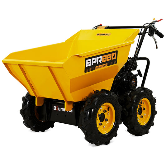 A yellow Baumr-AG Power Wheelbarrow Motorized Mini Petrol Powered Wheel Barrow Self Dump with black accents. It features large, rugged tires and a control handlebar. The loader bucket, open and slightly tilted upward, hints at its 300kg load capacity, designed for heavy-duty hauling and dumping tasks.