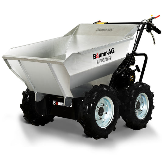 A BAUMR-AG Mini Dumper Power Wheel Barrow Tracked Motorised Petrol Powered Wheelbarrow with a silver dump bed and large rugged black tires. The brand name and model are displayed prominently on the side. Featuring a robust 196cc petrol engine, this wheelbarrow is designed for heavy-duty use in transporting materials.