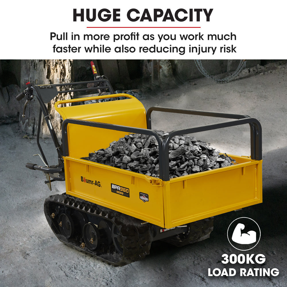 A yellow Baumr-AG Motorised Tracked Wheelbarrow Dumper, Briggs & Stratton CR950 Petrol Engine, 300kg Capacity with a black frame, rubber tracks, and an all-terrain track drive system. This motorised wheelbarrow features a large open cargo bed for transporting materials and control handles with levers for operating the machine. The logo and model name are visible on the side and back.