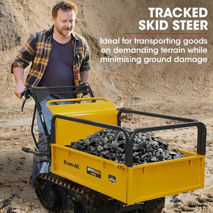 A yellow Baumr-AG Motorised Tracked Wheelbarrow Dumper, Briggs & Stratton CR950 Petrol Engine, 300kg Capacity with a black frame, rubber tracks, and an all-terrain track drive system. This motorised wheelbarrow features a large open cargo bed for transporting materials and control handles with levers for operating the machine. The logo and model name are visible on the side and back.