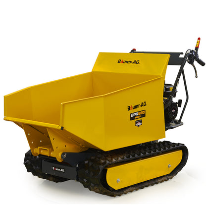 A yellow track dumper with a black and yellow chassis, labeled "Baumr-AG Motorised Tracked Wheelbarrow Dumper, Briggs & Stratton CR950 Petrol Engine, 500kg Capacity," features a spacious cargo bed and is equipped with control handles. The vehicle boasts an ultra-tough build and a powerful motorised wheelbarrow design, making it perfect for traversing various terrains.