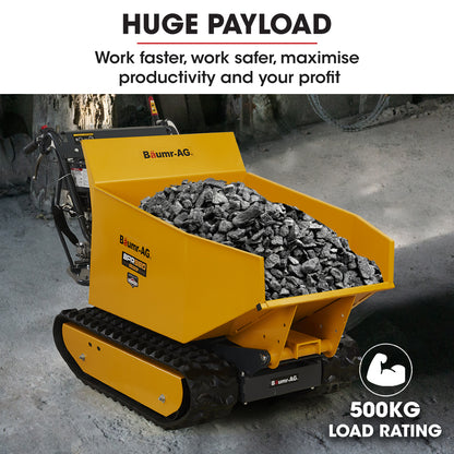 A yellow track dumper with a black and yellow chassis, labeled "Baumr-AG Motorised Tracked Wheelbarrow Dumper, Briggs & Stratton CR950 Petrol Engine, 500kg Capacity," features a spacious cargo bed and is equipped with control handles. The vehicle boasts an ultra-tough build and a powerful motorised wheelbarrow design, making it perfect for traversing various terrains.