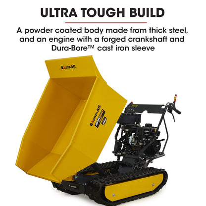 A yellow track dumper with a black and yellow chassis, labeled "Baumr-AG Motorised Tracked Wheelbarrow Dumper, Briggs & Stratton CR950 Petrol Engine, 500kg Capacity," features a spacious cargo bed and is equipped with control handles. The vehicle boasts an ultra-tough build and a powerful motorised wheelbarrow design, making it perfect for traversing various terrains.