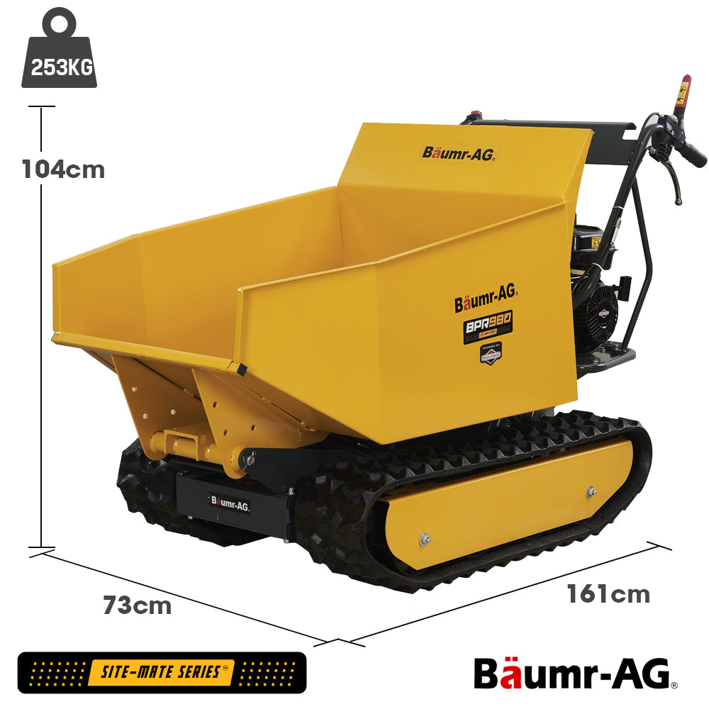 A yellow track dumper with a black and yellow chassis, labeled "Baumr-AG Motorised Tracked Wheelbarrow Dumper, Briggs & Stratton CR950 Petrol Engine, 500kg Capacity," features a spacious cargo bed and is equipped with control handles. The vehicle boasts an ultra-tough build and a powerful motorised wheelbarrow design, making it perfect for traversing various terrains.