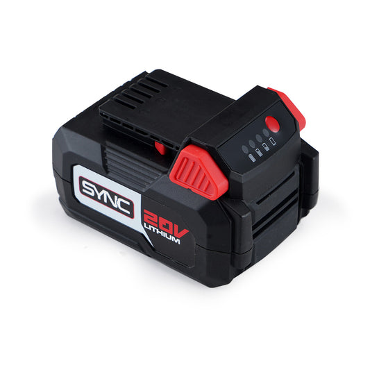 A black 20V lithium battery pack with red accents, perfect for power garden tools. This Baumr-AG 20V 4.0Ah Lithium-Ion Battery SYNC Series Replacement Charging Batteries Spare Cordless features a handle on top, an LED power level indicator, and the brand name "SYNC" on the side, making it similar to the Baumr-AG 20V Lithium-Ion Battery.