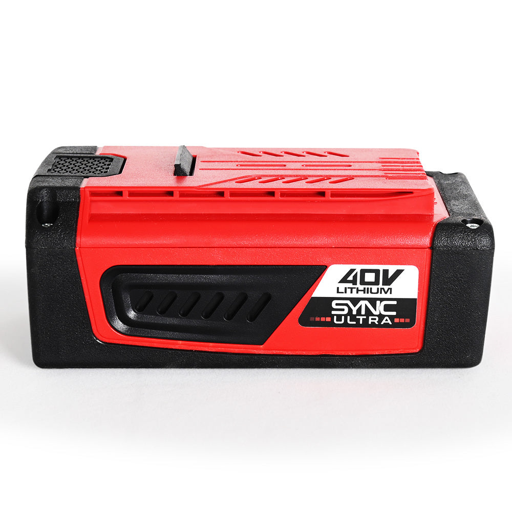 A close-up image of a red and black BAUMR-AG SYNC Ultra 40V Lithium-Ion Battery labeled "SYNC ULTRA." The rectangular Lithium Ion battery features a textured black base and a smooth red top with a vent-like design.