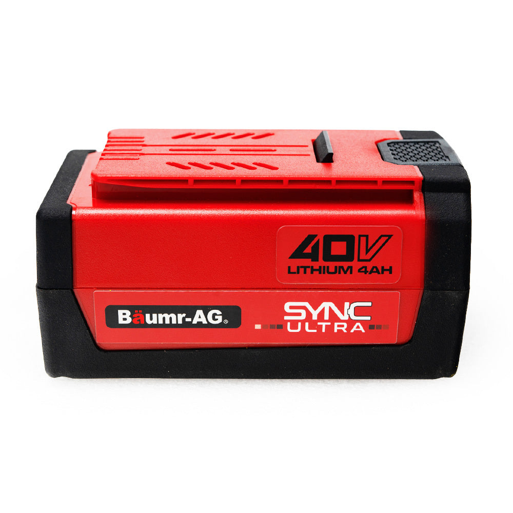 A red and black Baumr-AG 40V SYNC Ultra 4.0Ah Lithium-Ion Battery, Spare or Replacement from Baümar-AG, labeled "SYNC ULTRA Series." The design features a vented top section and a rubberized rear with a textured grip.