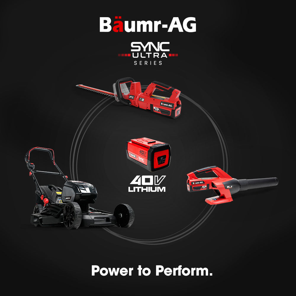 A red and black Baumr-AG 40V SYNC Ultra 4.0Ah Lithium-Ion Battery, Spare or Replacement from Baümar-AG, labeled "SYNC ULTRA Series." The design features a vented top section and a rubberized rear with a textured grip.