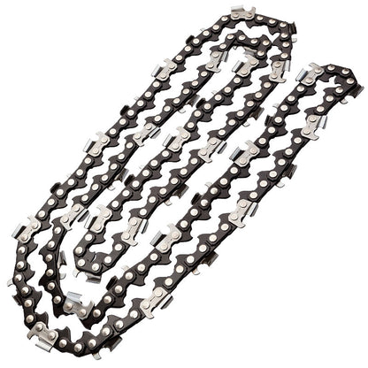 A close-up image of a BAUMR-AG 12" Bar Replacement Spare Chainsaw Chain 3/8 .050 Gauge DL 44 laid out in an elongated loop on a white background. The chain consists of sharp, silver-colored cutting links alternating with dark connecting links, designed to fit around the guide bar of a Baumr-AG pole saw.