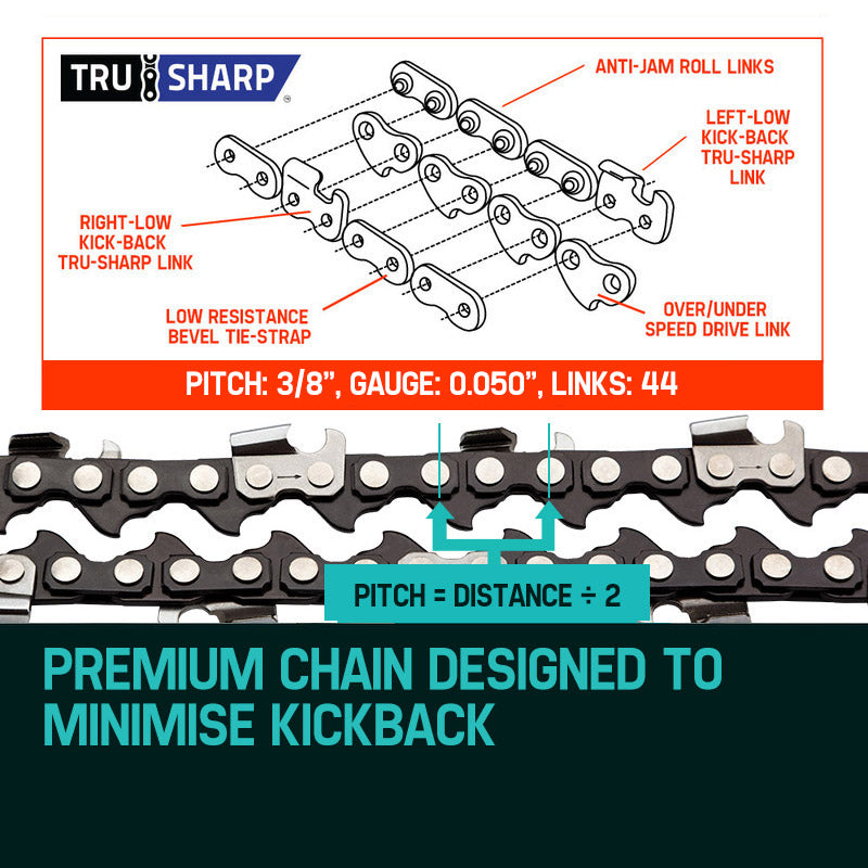 A close-up image of a BAUMR-AG 12" Bar Replacement Spare Chainsaw Chain 3/8 .050 Gauge DL 44 laid out in an elongated loop on a white background. The chain consists of sharp, silver-colored cutting links alternating with dark connecting links, designed to fit around the guide bar of a Baumr-AG pole saw.