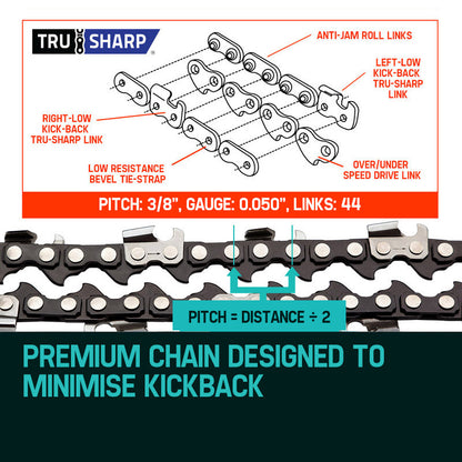 A close-up image of a BAUMR-AG 12" Bar Replacement Spare Chainsaw Chain 3/8 .050 Gauge DL 44 laid out in an elongated loop on a white background. The chain consists of sharp, silver-colored cutting links alternating with dark connecting links, designed to fit around the guide bar of a Baumr-AG pole saw.