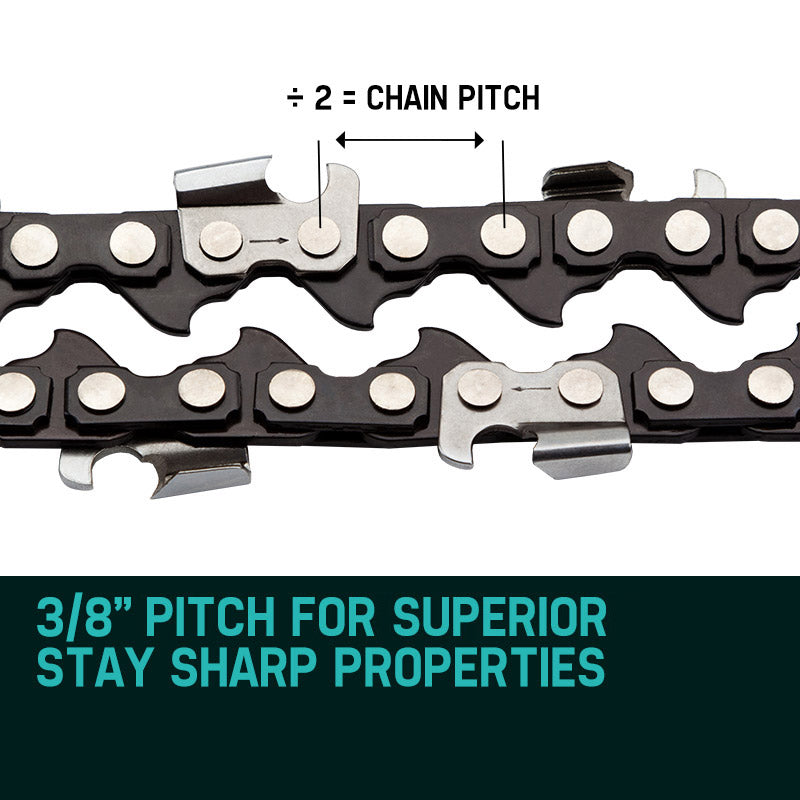 A close-up image of a BAUMR-AG 12" Bar Replacement Spare Chainsaw Chain 3/8 .050 Gauge DL 44 laid out in an elongated loop on a white background. The chain consists of sharp, silver-colored cutting links alternating with dark connecting links, designed to fit around the guide bar of a Baumr-AG pole saw.