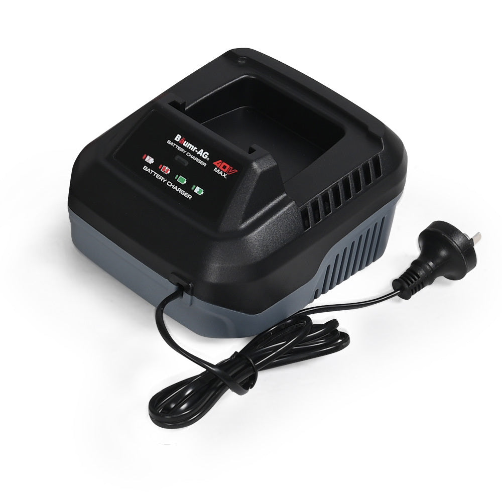 A black and gray BAUMR-AG SYNC Ultra 40V Lithium-Ion Replacement Battery Charger with an AC plug, the Baumr-AG SYNC Ultra features indicator lights for charging status and a connected power cord. The design includes ventilation slots on the sides to prevent overheating.