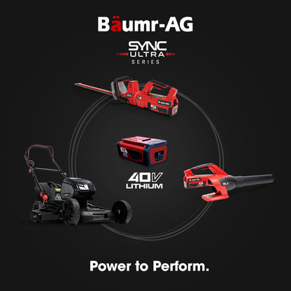 A black and gray BAUMR-AG SYNC Ultra 40V Lithium-Ion Replacement Battery Charger with an AC plug, the Baumr-AG SYNC Ultra features indicator lights for charging status and a connected power cord. The design includes ventilation slots on the sides to prevent overheating.