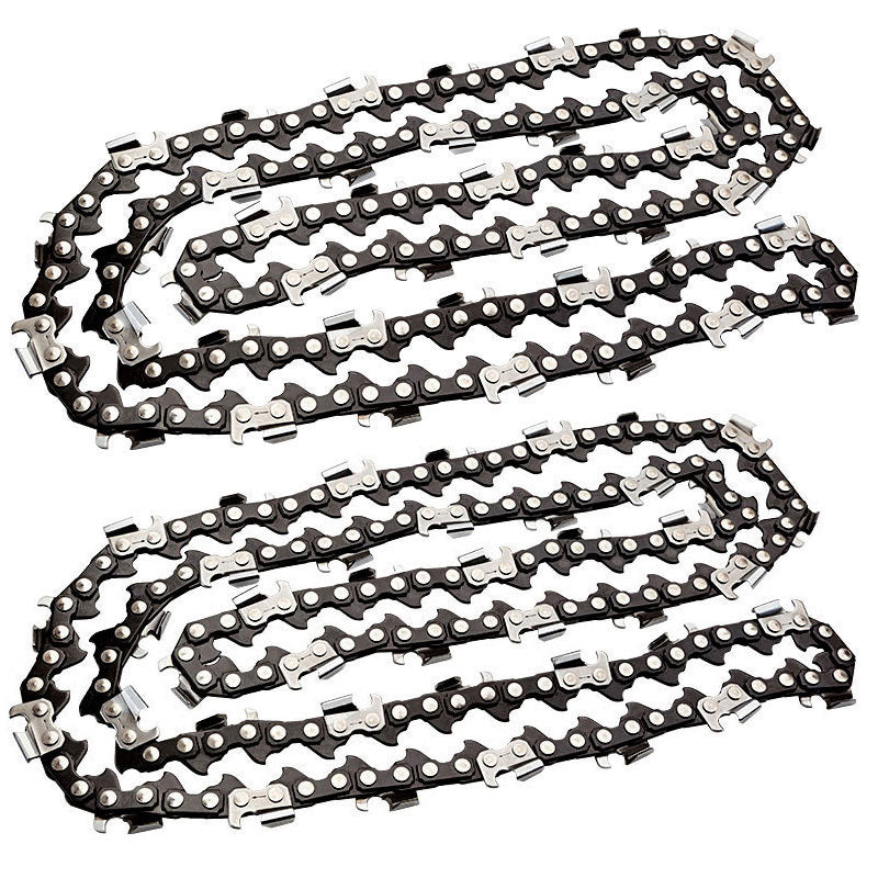 The image displays two 2 X 10 Baumr-AG Chainsaw Chain Bar Replacement for SX25 25CC Arborist Saws laid out parallel to each other on a white background. The chains feature a sequence of metal links and teeth designed for cutting wood. Slightly coiled to show their flexibility, these chains are suitable for a 10' cutting bar.