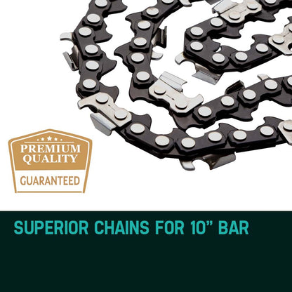 The image displays two 2 X 10 Baumr-AG Chainsaw Chain Bar Replacement for SX25 25CC Arborist Saws laid out parallel to each other on a white background. The chains feature a sequence of metal links and teeth designed for cutting wood. Slightly coiled to show their flexibility, these chains are suitable for a 10' cutting bar.