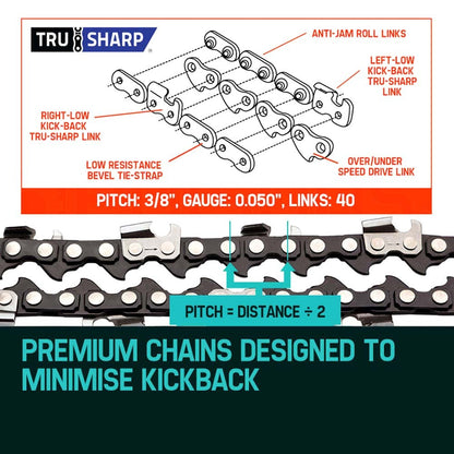 The image displays two 2 X 10 Baumr-AG Chainsaw Chain Bar Replacement for SX25 25CC Arborist Saws laid out parallel to each other on a white background. The chains feature a sequence of metal links and teeth designed for cutting wood. Slightly coiled to show their flexibility, these chains are suitable for a 10' cutting bar.