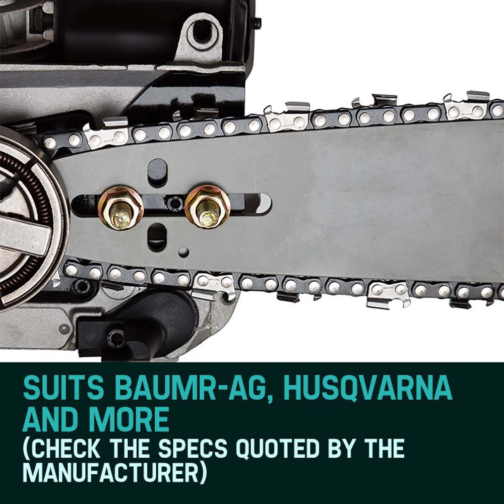 The image displays two 2 X 10 Baumr-AG Chainsaw Chain Bar Replacement for SX25 25CC Arborist Saws laid out parallel to each other on a white background. The chains feature a sequence of metal links and teeth designed for cutting wood. Slightly coiled to show their flexibility, these chains are suitable for a 10' cutting bar.