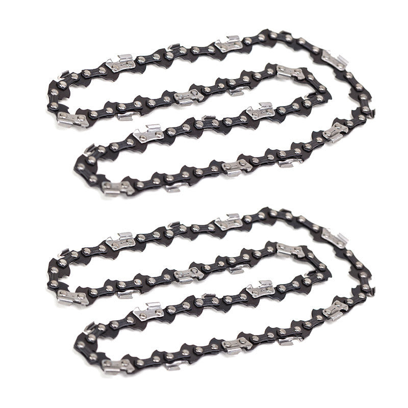 A pair of 2 x 12 Baumr-AG Chainsaw Chain 12in Bar Spare Part Replacement Suits Pole Saws lie parallel to each other on a white background. The low-kickback chains are made of interconnected metal links with sharp teeth distributed along the edges, designed for cutting through wood or other materials.