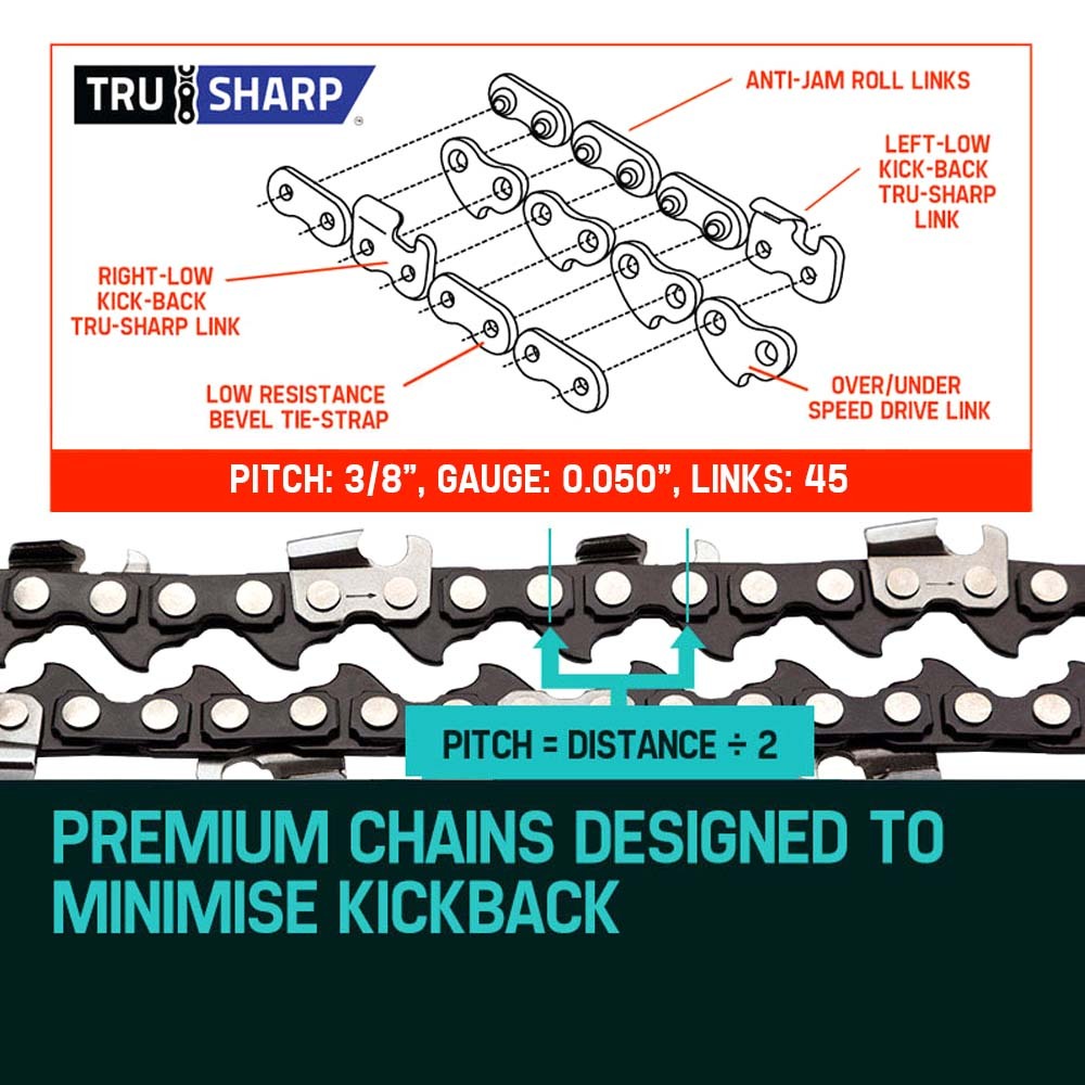 A pair of 2 x 12 Baumr-AG Chainsaw Chain 12in Bar Spare Part Replacement Suits Pole Saws lie parallel to each other on a white background. The low-kickback chains are made of interconnected metal links with sharp teeth distributed along the edges, designed for cutting through wood or other materials.