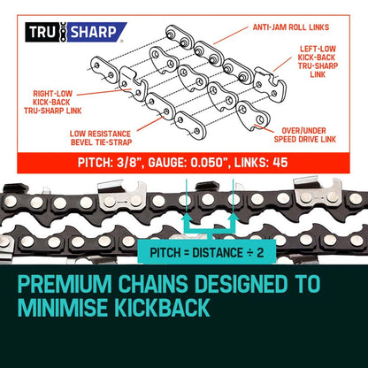 A pair of 2 x 12 Baumr-AG Chainsaw Chain 12in Bar Spare Part Replacement Suits Pole Saws lie parallel to each other on a white background. The low-kickback chains are made of interconnected metal links with sharp teeth distributed along the edges, designed for cutting through wood or other materials.