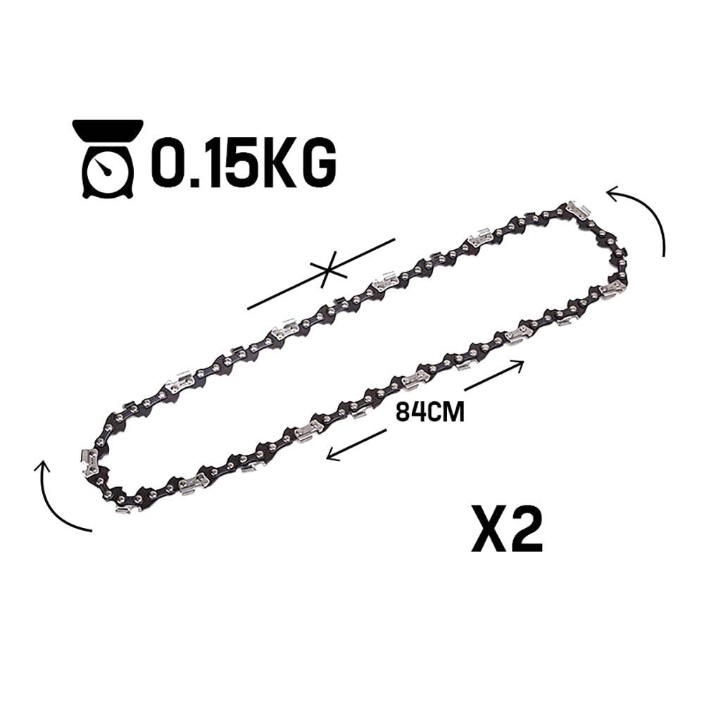 A pair of 2 x 12 Baumr-AG Chainsaw Chain 12in Bar Spare Part Replacement Suits Pole Saws lie parallel to each other on a white background. The low-kickback chains are made of interconnected metal links with sharp teeth distributed along the edges, designed for cutting through wood or other materials.