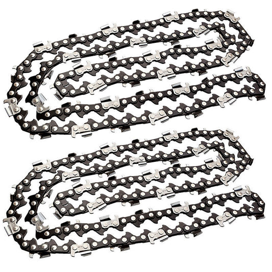 A close-up of two black and silver 2 X 16 Baumr-AG Chainsaw Chain 16in Bar Replacement Suits SX38 38CC Saws arranged neatly on a white background. Each chain features sharp teeth and connecting links designed for efficient use with a chainsaw.