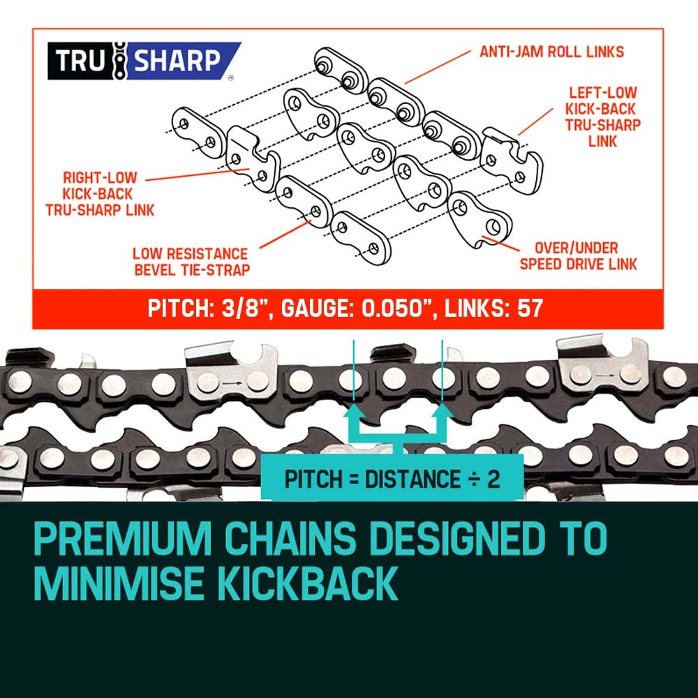 A close-up of two black and silver 2 X 16 Baumr-AG Chainsaw Chain 16in Bar Replacement Suits SX38 38CC Saws arranged neatly on a white background. Each chain features sharp teeth and connecting links designed for efficient use with a chainsaw.