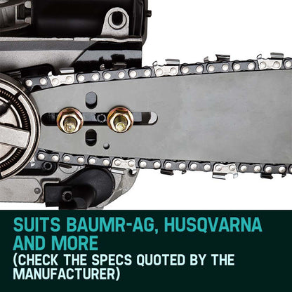 A close-up of two black and silver 2 X 16 Baumr-AG Chainsaw Chain 16in Bar Replacement Suits SX38 38CC Saws arranged neatly on a white background. Each chain features sharp teeth and connecting links designed for efficient use with a chainsaw.