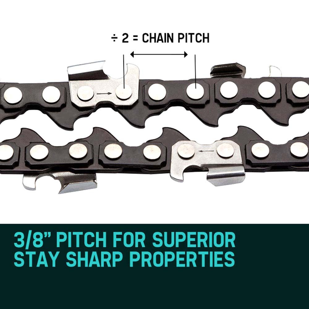 A close-up of two black and silver 2 X 16 Baumr-AG Chainsaw Chain 16in Bar Replacement Suits SX38 38CC Saws arranged neatly on a white background. Each chain features sharp teeth and connecting links designed for efficient use with a chainsaw.