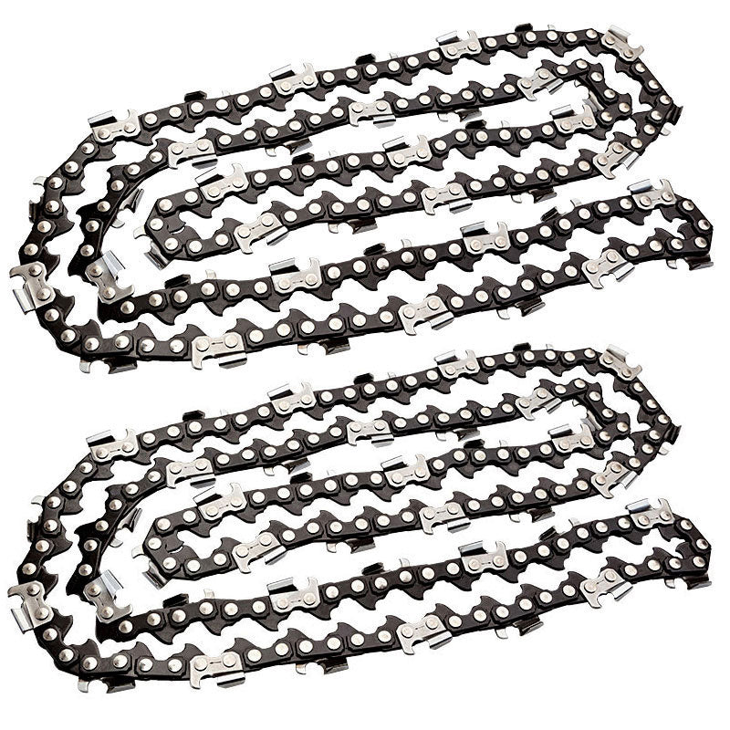 Two coiled 2 X 18 Baumr-AG Chainsaw Chain 18in Bar Replacement Suits SX45 45CC Saws with sharp cutting teeth and silver-colored connecting links are laid out side by side on a white background. The chains have a repeating pattern of links suitable for a Baumr-AG 18' bar.