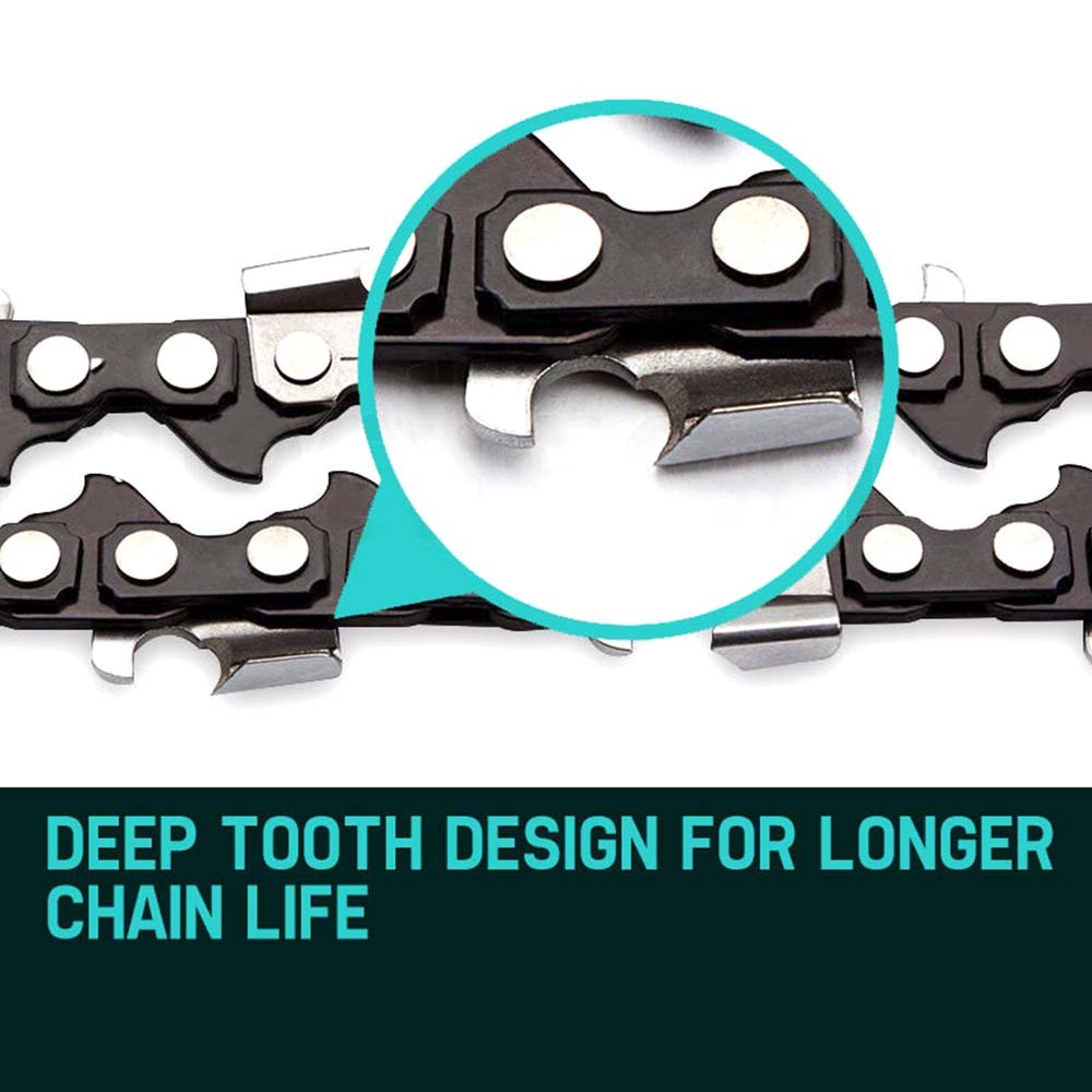 Two coiled 2 X 18 Baumr-AG Chainsaw Chain 18in Bar Replacement Suits SX45 45CC Saws with sharp cutting teeth and silver-colored connecting links are laid out side by side on a white background. The chains have a repeating pattern of links suitable for a Baumr-AG 18' bar.