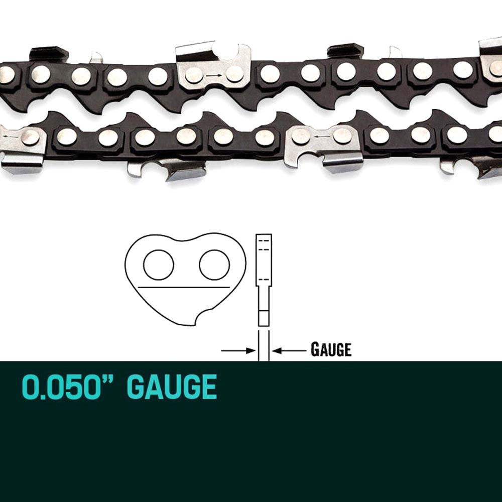 Two coiled 2 X 18 Baumr-AG Chainsaw Chain 18in Bar Replacement Suits SX45 45CC Saws with sharp cutting teeth and silver-colored connecting links are laid out side by side on a white background. The chains have a repeating pattern of links suitable for a Baumr-AG 18' bar.