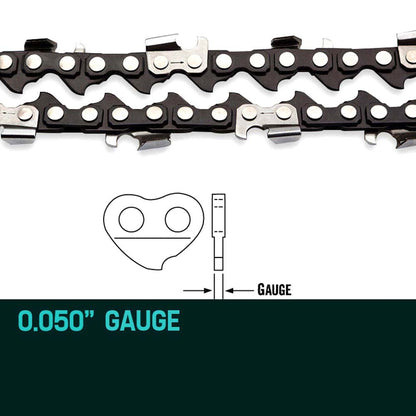 Two coiled 2 X 18 Baumr-AG Chainsaw Chain 18in Bar Replacement Suits SX45 45CC Saws with sharp cutting teeth and silver-colored connecting links are laid out side by side on a white background. The chains have a repeating pattern of links suitable for a Baumr-AG 18' bar.