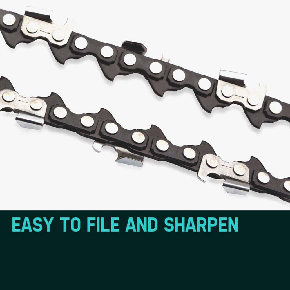 Two coiled 2 X 18 Baumr-AG Chainsaw Chain 18in Bar Replacement Suits SX45 45CC Saws with sharp cutting teeth and silver-colored connecting links are laid out side by side on a white background. The chains have a repeating pattern of links suitable for a Baumr-AG 18' bar.