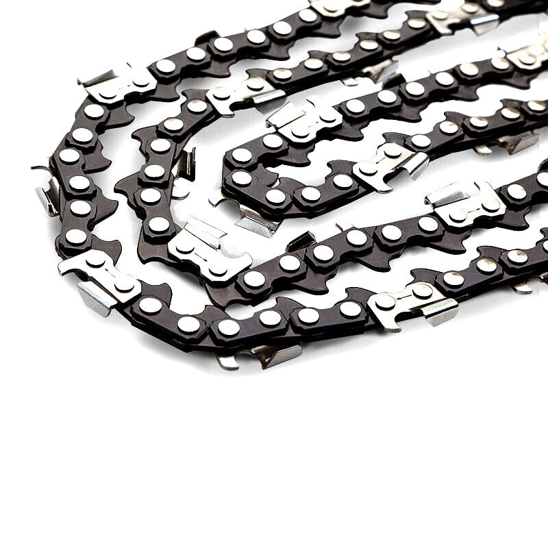 Close-up view of a coiled chainsaw chain with sharp, silver cutting teeth and black links, designed for attachment to a 20-inch saw chain bar for cutting wood. The 2 X 20 Baumr-AG Chainsaw Chain 20in Bar Replacement Suits 62CC 66CC Saws ensures precise cuts. Displayed against a plain white background and compatible with Baumr-AG.