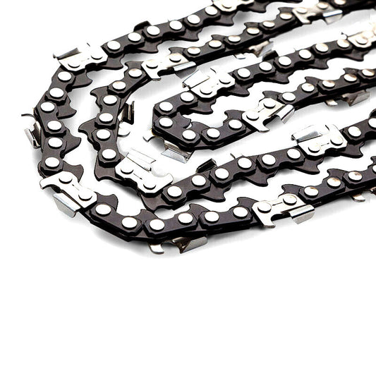 Close-up view of a coiled chainsaw chain with sharp, silver cutting teeth and black links, designed for attachment to a 20-inch saw chain bar for cutting wood. The 2 X 20 Baumr-AG Chainsaw Chain 20in Bar Replacement Suits 62CC 66CC Saws ensures precise cuts. Displayed against a plain white background and compatible with Baumr-AG.