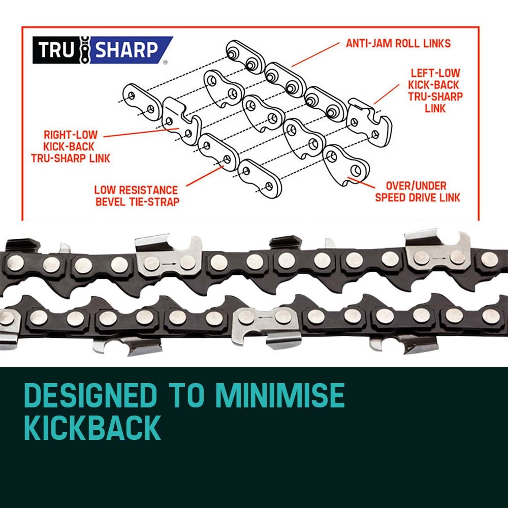 Close-up view of a coiled chainsaw chain with sharp, silver cutting teeth and black links, designed for attachment to a 20-inch saw chain bar for cutting wood. The 2 X 20 Baumr-AG Chainsaw Chain 20in Bar Replacement Suits 62CC 66CC Saws ensures precise cuts. Displayed against a plain white background and compatible with Baumr-AG.