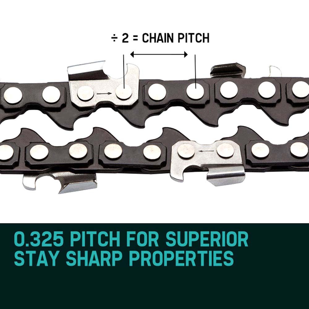 Close-up view of a coiled chainsaw chain with sharp, silver cutting teeth and black links, designed for attachment to a 20-inch saw chain bar for cutting wood. The 2 X 20 Baumr-AG Chainsaw Chain 20in Bar Replacement Suits 62CC 66CC Saws ensures precise cuts. Displayed against a plain white background and compatible with Baumr-AG.