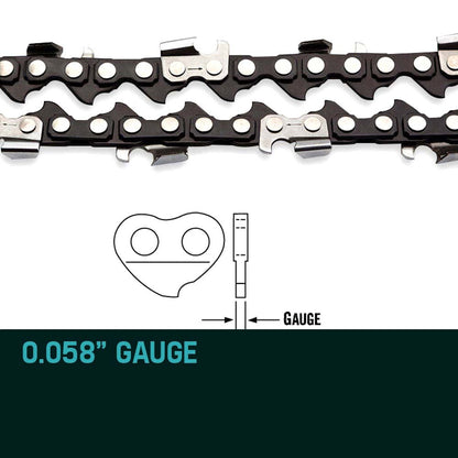 Close-up view of a coiled chainsaw chain with sharp, silver cutting teeth and black links, designed for attachment to a 20-inch saw chain bar for cutting wood. The 2 X 20 Baumr-AG Chainsaw Chain 20in Bar Replacement Suits 62CC 66CC Saws ensures precise cuts. Displayed against a plain white background and compatible with Baumr-AG.