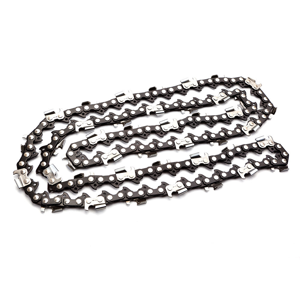 A close-up image of a 20 Baumr-AG Chainsaw Chain 20in Bar Spare Part Replacement Suits 62CC 66CC Saws laid out in a zigzag pattern on a white background. The Tru-Sharp chain boasts sharp, silver teeth spaced evenly along its length, attached to black links.