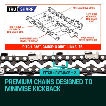 A close-up image of a 20 Baumr-AG Chainsaw Chain 20in Bar Spare Part Replacement Suits 62CC 66CC Saws laid out in a zigzag pattern on a white background. The Tru-Sharp chain boasts sharp, silver teeth spaced evenly along its length, attached to black links.