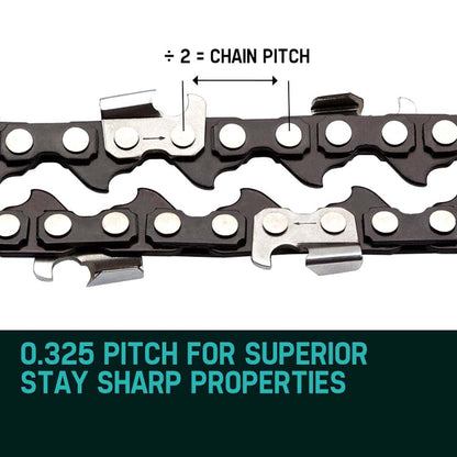 A close-up image of a 20 Baumr-AG Chainsaw Chain 20in Bar Spare Part Replacement Suits 62CC 66CC Saws laid out in a zigzag pattern on a white background. The Tru-Sharp chain boasts sharp, silver teeth spaced evenly along its length, attached to black links.