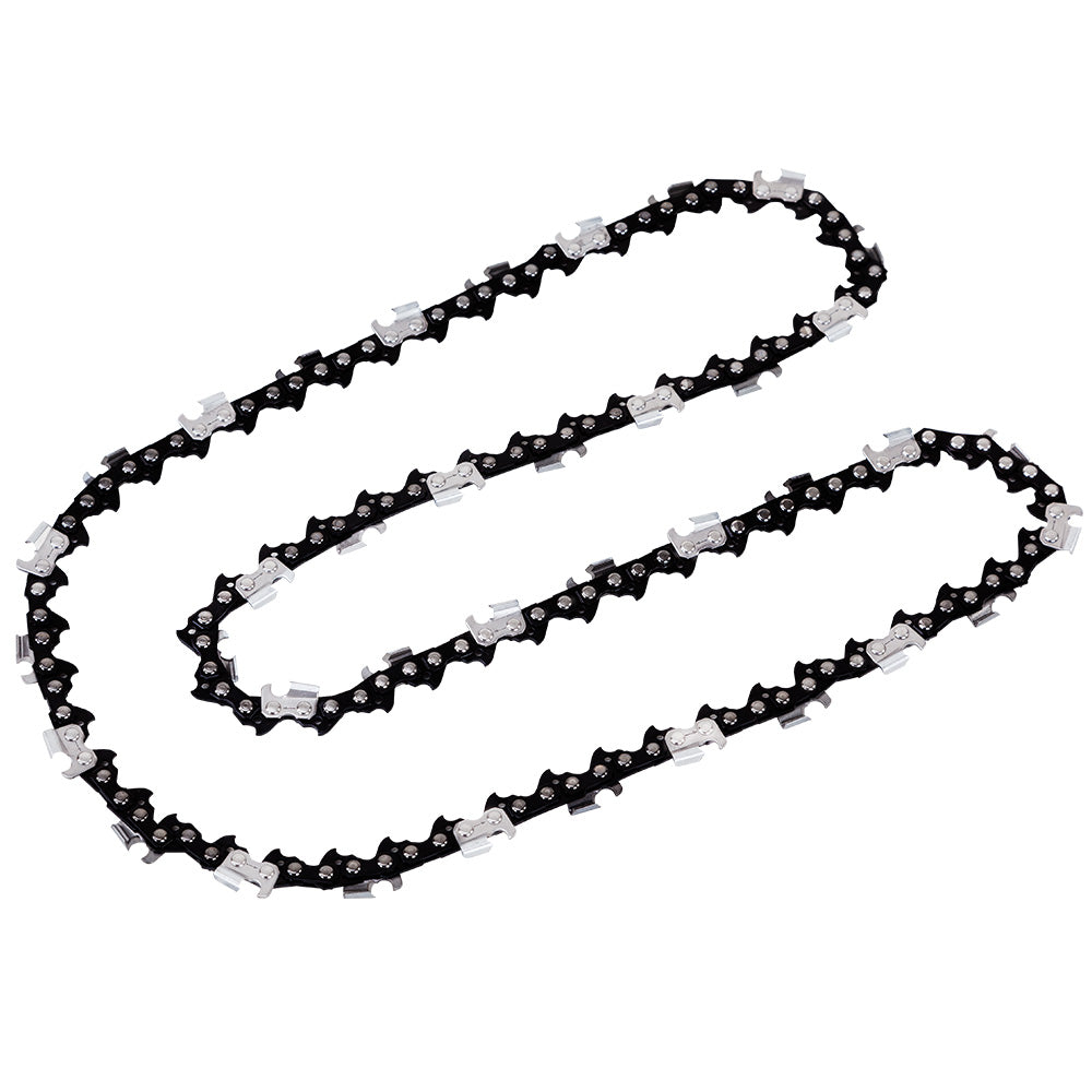 A 22" chainsaw chain laid out on a white background. The chain links are made of metal, featuring sharp, angular cutting teeth interspersed at regular intervals. This 22 Baumr-AG Chainsaw Chain Bar Replacement Commercial Saws 0.325 0.058 86DL forms an elongated, irregular loop arrangement, showcasing its Tru-Sharp technology for precise cutting.