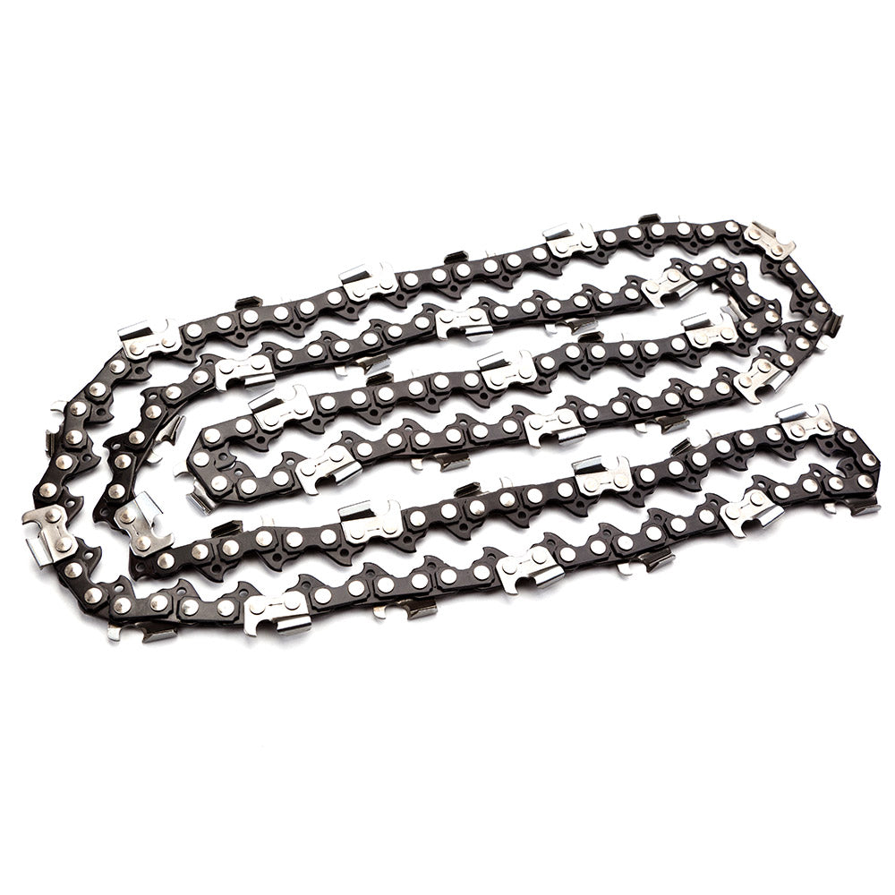 A close-up image of a 24 Baumr-AG Chainsaw Chain 24in Bar Replacement Suits 72CC 76CC 82CC Saws's Tru-Sharp saw chain laid out on a white background. The 24' cutting bar features black and silver links with sharp teeth protruding at intervals. The chain appears coiled or laid out loosely.