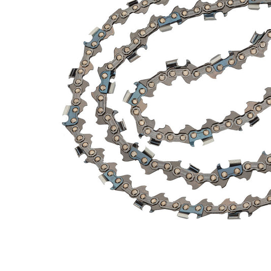 A close-up view of a coiled 24 Baumr-AG Chainsaw Chain 24in Bar Spare Part Replacement Suits 92CC Saws with sharp, silver cutting teeth and blue connecting links against a white background, perfectly compatible with the Baumr-AG SX92's 24' cutting bar.