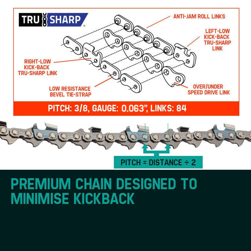 A close-up view of a coiled 24 Baumr-AG Chainsaw Chain 24in Bar Spare Part Replacement Suits 92CC Saws with sharp, silver cutting teeth and blue connecting links against a white background, perfectly compatible with the Baumr-AG SX92's 24' cutting bar.